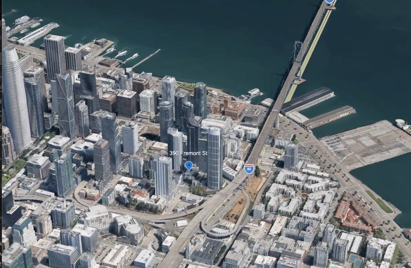 Aerial of Fremont & Harrison today, surrounded by high-rise towers